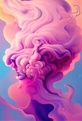 Obraz na płótnie Canvas Generative AI illustration of delicate abstract pastel background with clouds and waves. Head and pink liquid fluid art