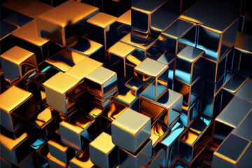 Generative AI illustration of digital cubic abstract background of color, metal squares, reflection