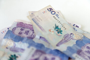 Macro closeup of 50 thousand Colombian pesos bills