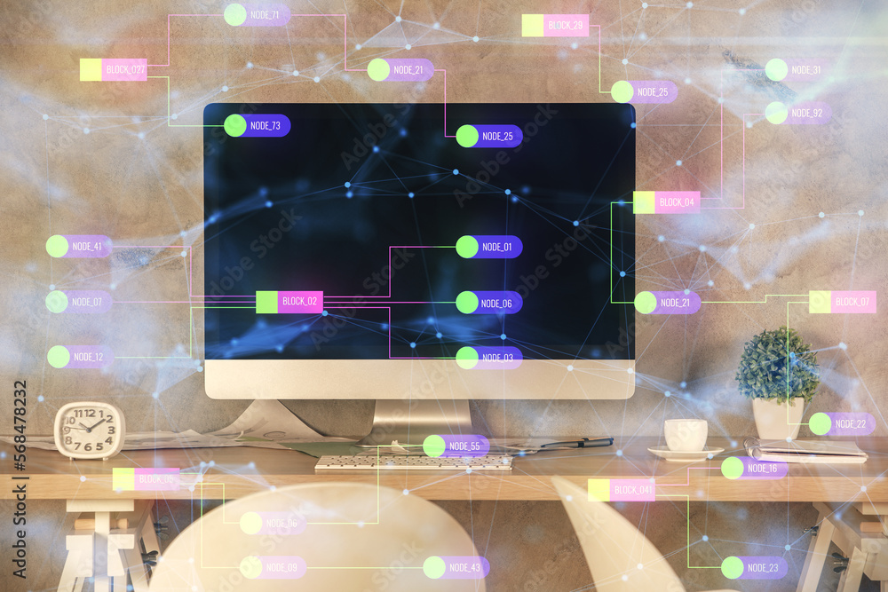 Poster multi exposure of data theme drawing and office interior background. concept of technology.