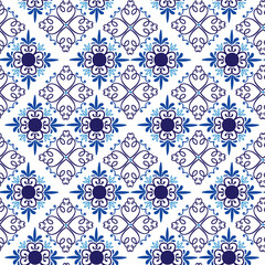 Fototapeta premium Blue tile pattern. Seamless ornament. Hand drawn curve and floral mosaic. Mediterranean or arabic ceramic. Print for textile, wrapping paper, wallpaper design. Oriental decor vector illustration