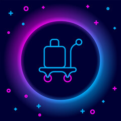 Glowing neon line Trolley suitcase icon isolated on black background. Traveling baggage sign. Travel luggage icon. Colorful outline concept. Vector