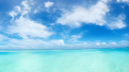 Obraz premium photorealistic panorama view illustration of idyllic beach with blue water and blue sky with white clouds during holiday season, generative ai