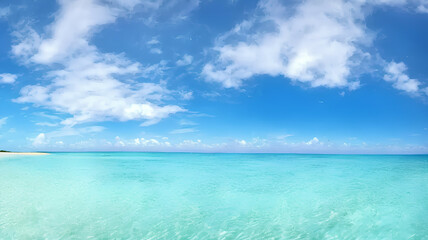 Fototapeta na wymiar photorealistic panorama view illustration of idyllic beach with blue water and blue sky with white clouds during holiday season, generative ai