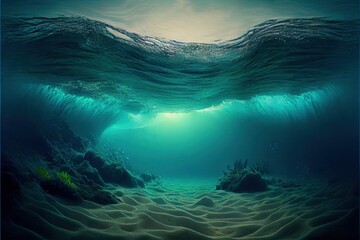 Fototapeta na wymiar Generative AI illustration of Ocean depth. Underwater empty landscape, ocean bottom, sea wave