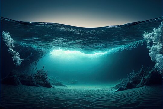 Generative AI illustration of Ocean depth. Underwater empty landscape, ocean bottom, sea wave