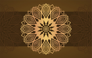 Round gradient mandala on brown background. Vector boho mandala in gold and brown colors. Mandala with floral patterns. Yoga template
