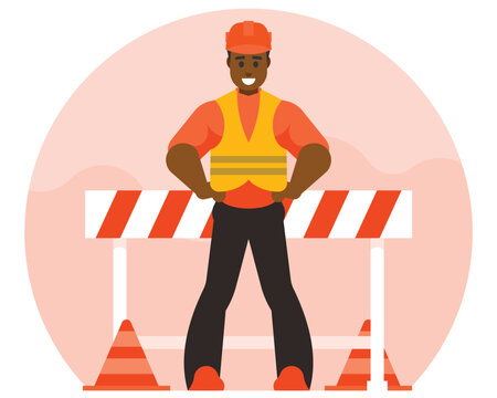 Website under construction. A builder engineer stands in a construction helmet against the background of a barrier. Vector graphics