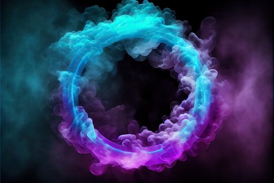 Generative AI illustration of neon smoke exploding outwards with empty center. Dramatic smoke or fog effect for spooky, hot lighting ring circle