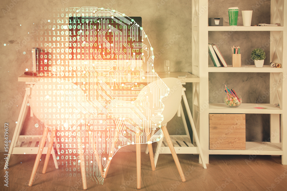 Poster multi exposure of brain drawing and office interior background. concept of data technology.