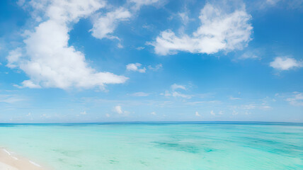 Obraz premium photorealistic panorama view illustration of idyllic beach with blue water and blue sky with white clouds during holiday season, generative ai