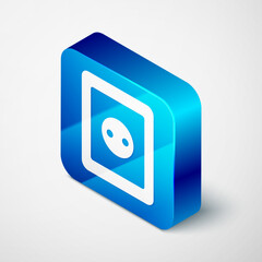 Isometric Electrical outlet icon isolated on grey background. Power socket. Rosette symbol. Blue square button. Vector