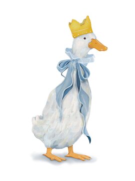 Watercolor painting duck wearing a crown and bow tie, cute vintage style. hand-painted white background.