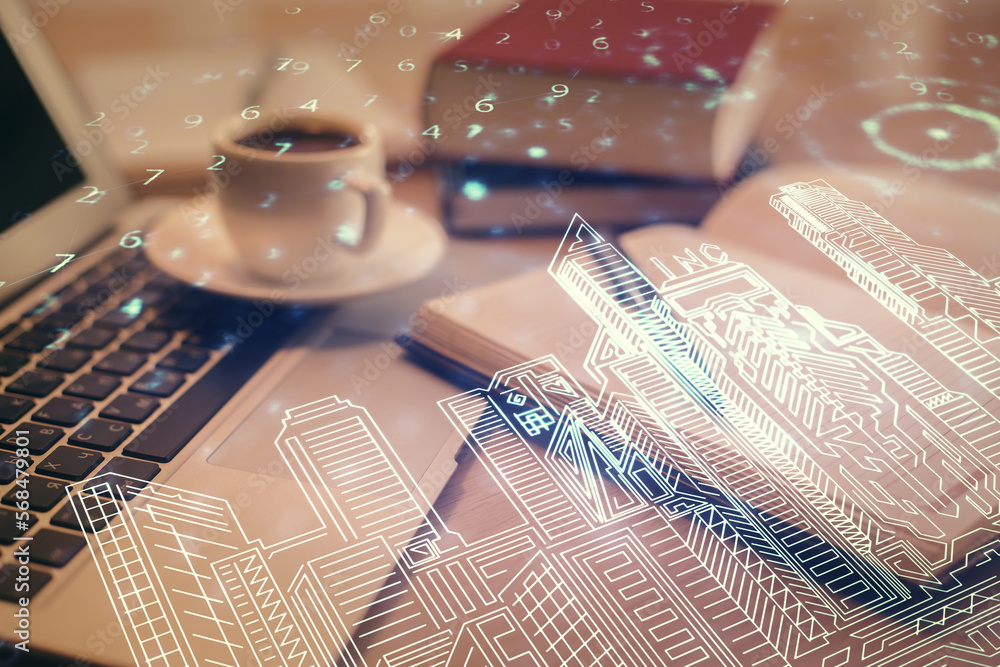 Poster double exposure of buildings drawing and desktop with coffee and items on table background. concept 