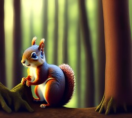 Little Squirrel in Forest, Generative AI Illustration