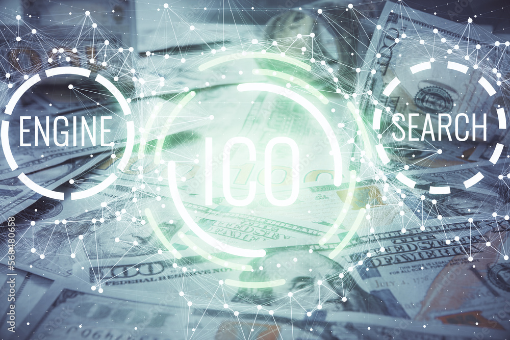 Poster multi exposure of crypto theme drawing over us dollars bill background. concept of blockchain succes