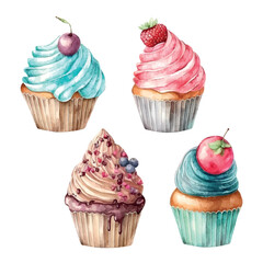 cupcake set with cream. watercolor illustration ice cream