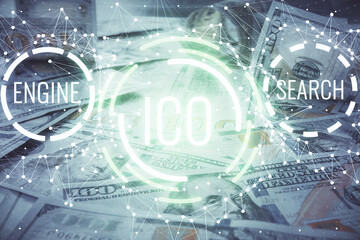 Multi exposure of crypto theme drawing over us dollars bill background. Concept of blockchain...