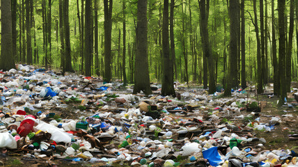 illustration of destroyed nature, panorama view of garbage in beautiful forest, generative ai