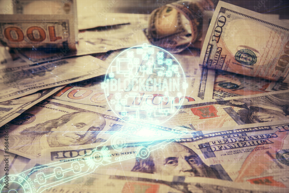 Poster multi exposure of crypto theme drawing over us dollars bill background. concept of blockchain succes