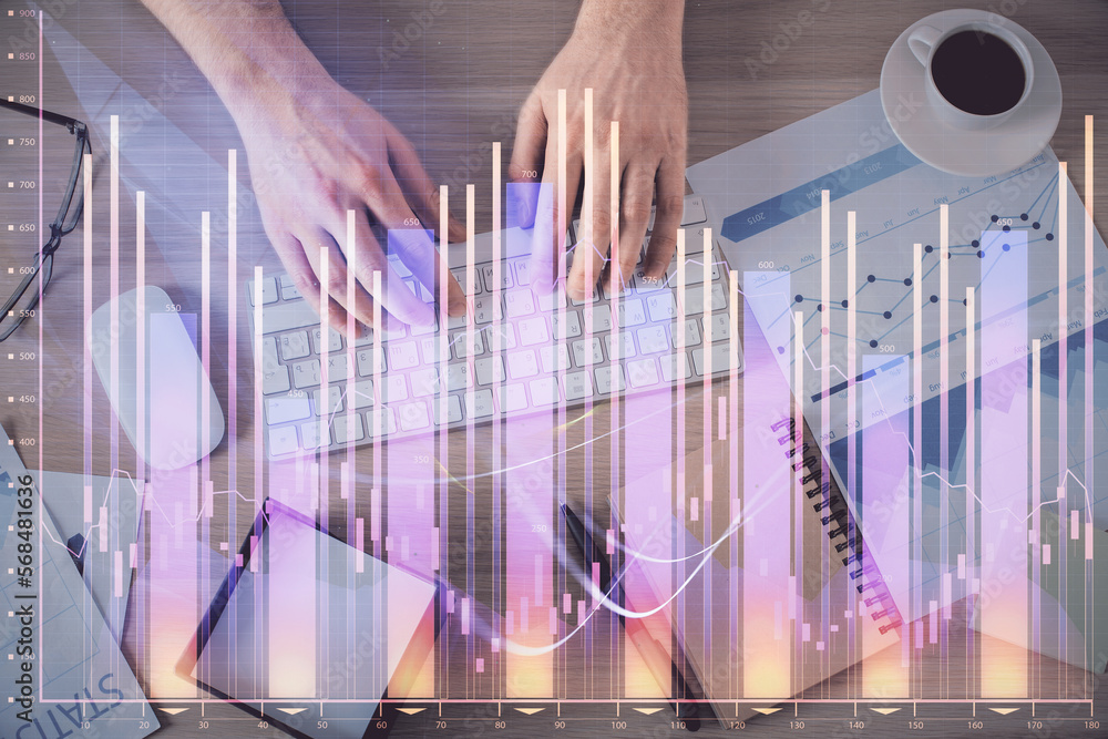 Poster multi exposure of man's hands typing over computer keyboard and forex graph hologram drawing. top vi