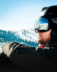 Close up portrait guy holding snowboard in winter, sports wear, helmet, sunglasses, winter, up,...