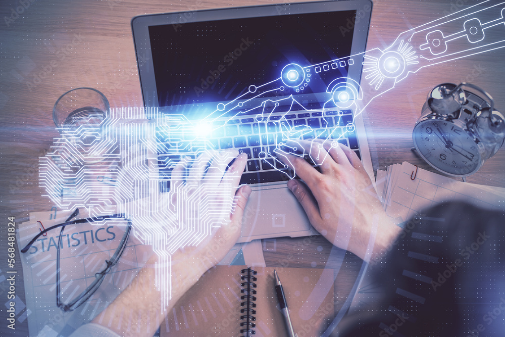 Poster Double exposure of man's hands typing over computer keyboard and brain hologram drawing. Top view. Ai and data technology concept.