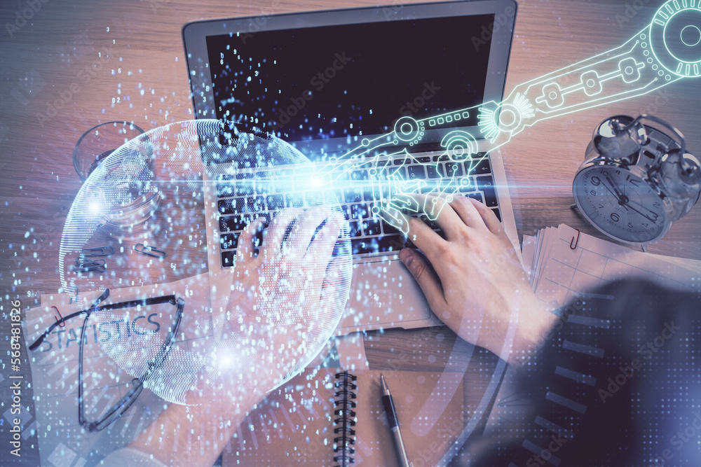 Poster Double exposure of man's hands typing over computer keyboard and data theme hologram drawing. Top view. Technology concept.