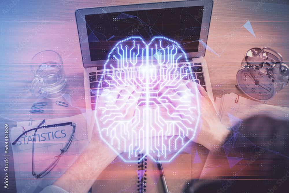 Poster Double exposure of man's hands typing over computer keyboard and brain hologram drawing. Top view. Ai and data technology concept.