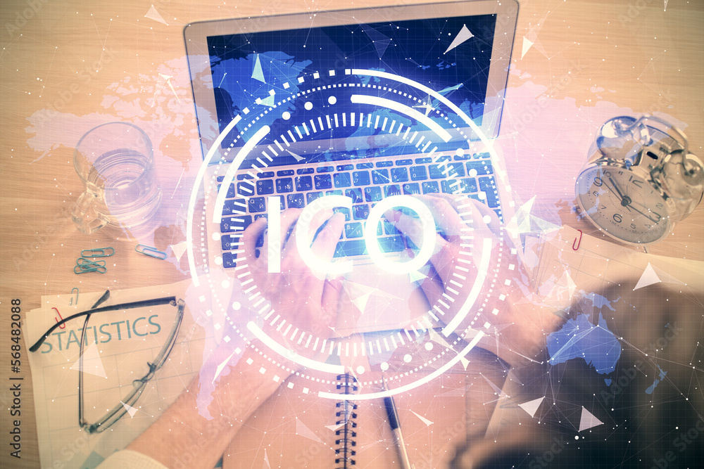 Aufkleber double exposure of man's hands typing over computer keyboard and crypto currency theme hologram draw