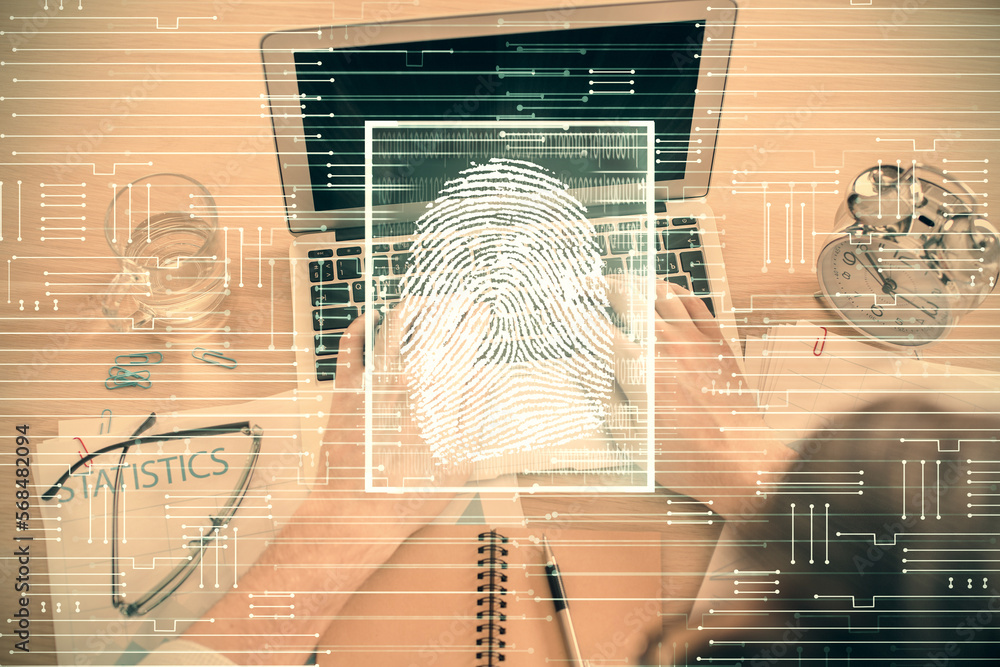 Poster Double exposure of man's hands typing over computer keyboard and finger print hologram drawing. Top view. Personal security concept.