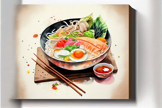 Generative AI illustration of knolling japanese cuisine food, watercolor paint style, set of asian food
