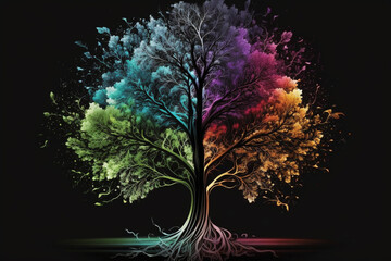 fantastic rainbow tree on black background, AI generate