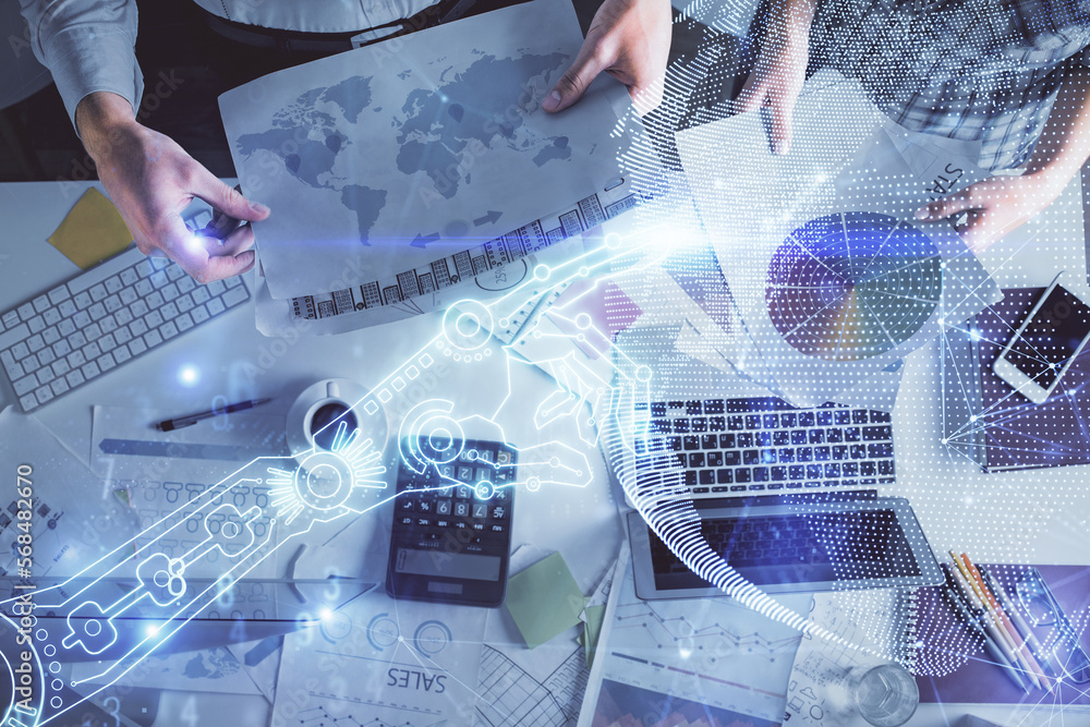 Aufkleber double exposure of man and woman working together and technology theme drawing. computer background.