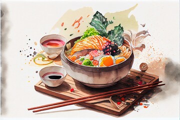 Generative AI illustration of knolling japanese cuisine food, watercolor paint style, set of asian food