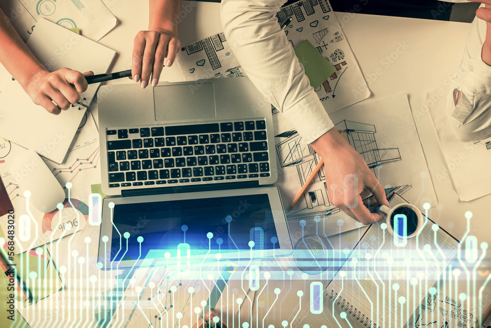 Poster double exposure of man and woman working together and technology theme drawing hologram. big data co