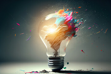 Generative AI illustration of bright idea for business, education, star up growth, light bulbs on dark background, idea concept