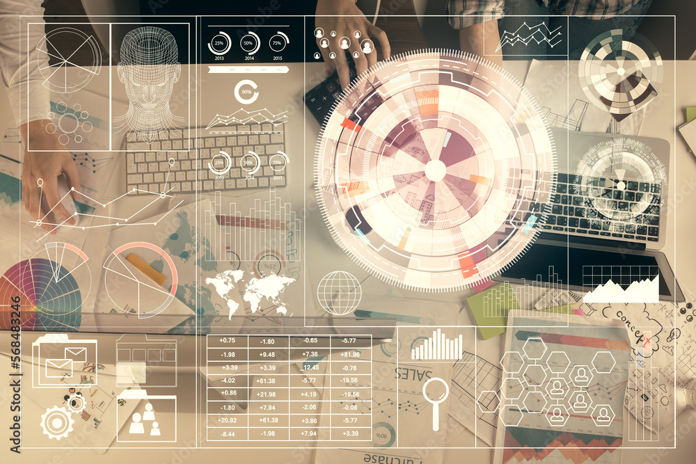 Poster double exposure of man and woman working together and technology theme drawing hologram. big data co