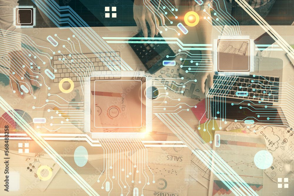 Poster double exposure of man and woman working together and technology theme drawing hologram. big data co