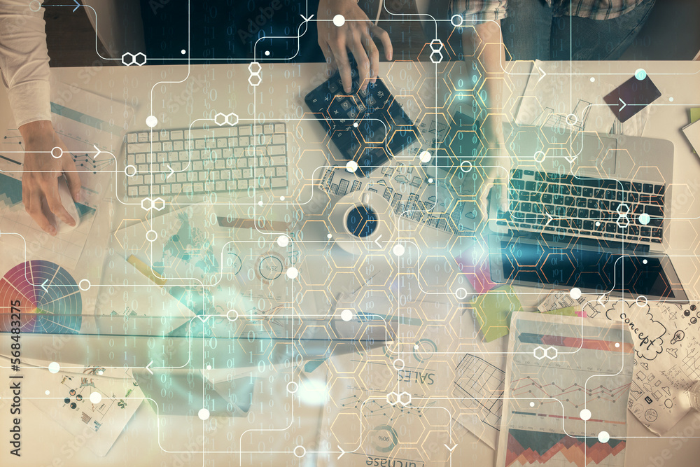 Poster double exposure of man and woman working together and technology theme drawing hologram. big data co