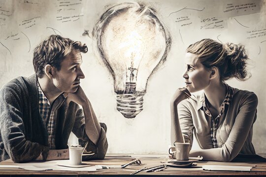 Generative AI illustration of man and woman sharing idea, creative background