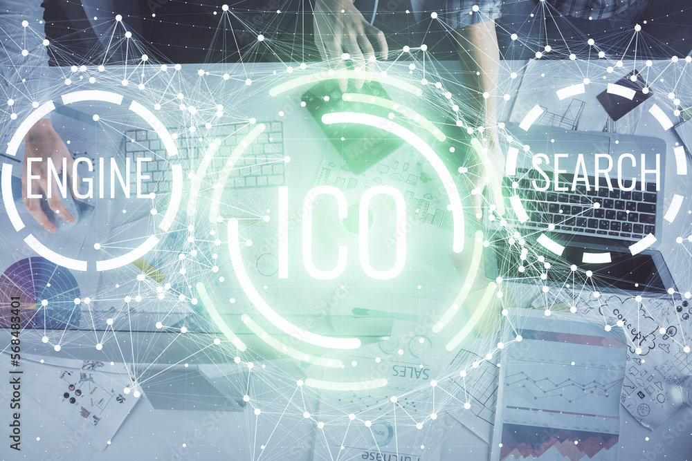 Poster double exposure of man and woman working together and crypto finance theme hologram. blockchain busi