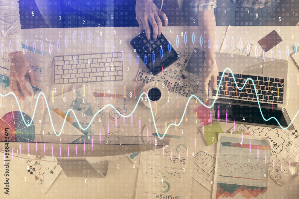 Poster multi exposure of man and woman working together and financial chart hologram. business concept. com