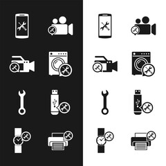 Set Washer service, Video camera, Smartphone, Wrench, USB flash drive, Printer and Wrist watch icon. Vector