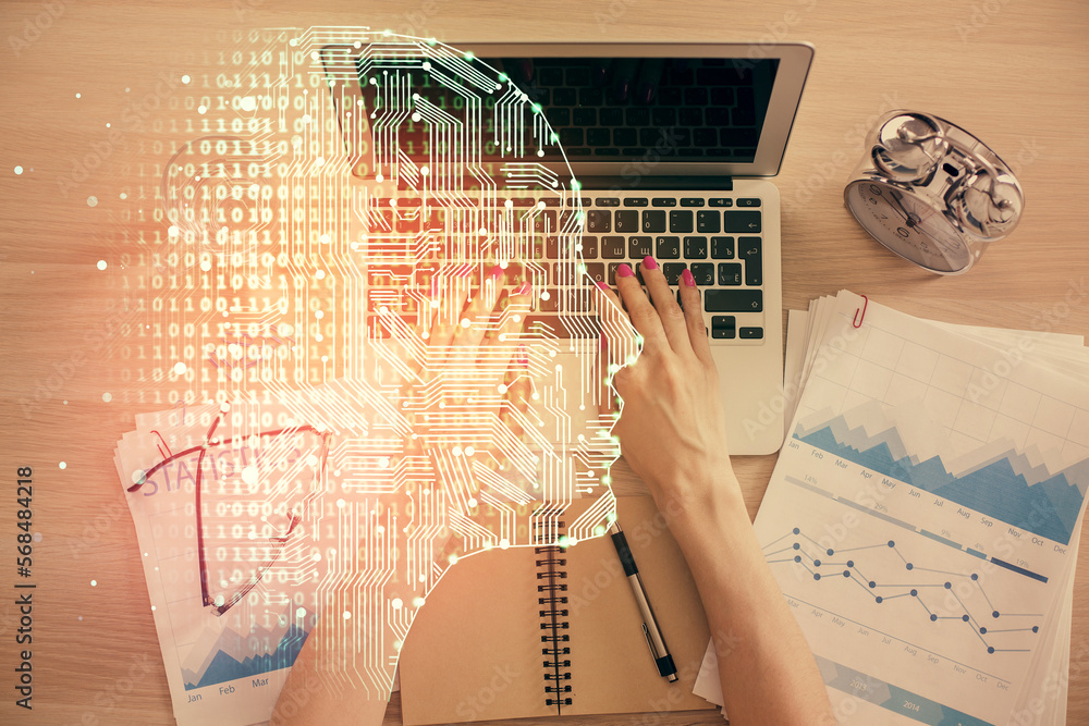 Poster double exposure of woman working on computer andhuman brain hologram drawing. top view. ai concept.