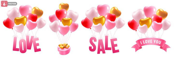 Love, Sale typography text, gift, ribbon with I Love You text, are flying on pink heart shape balloons. Design elements set for valentines day greeting card or banner. Vector isolated 3d illustration