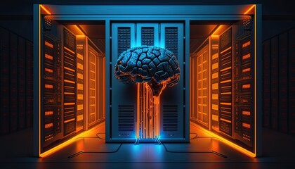 brain in center of data center room , AI server , Generated by Midjourney AI