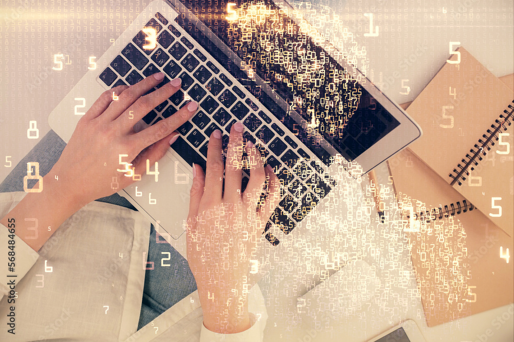 Poster double exposure of woman hands working on computer and tech theme hologram drawing. top view. techno