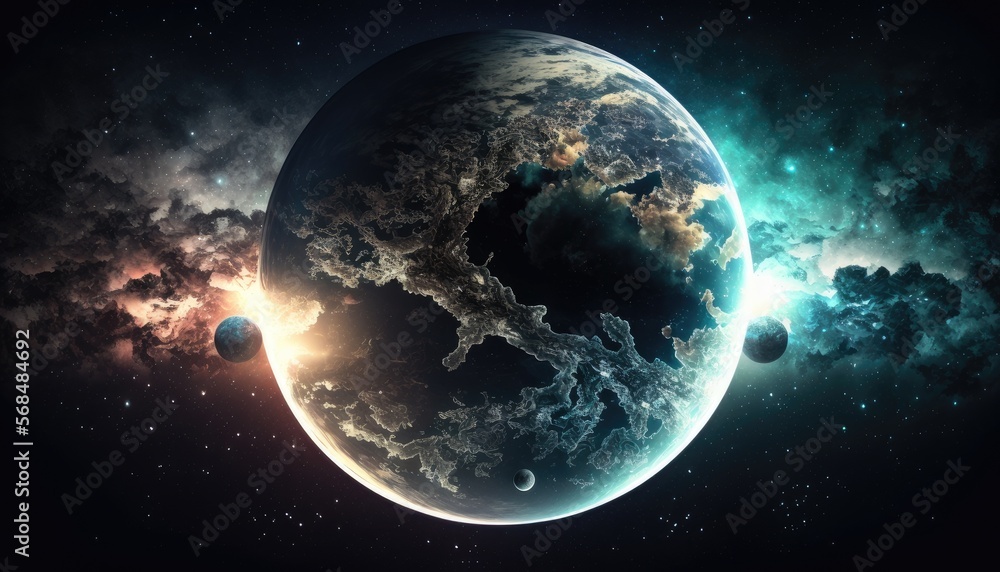 Poster colorful outer space with asteroids and planet. generated by midjourney ai