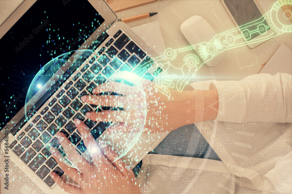 Poster double exposure of woman hands working on computer and data theme hologram drawing. top view. techno